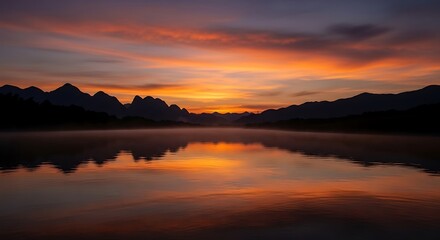 Serene mountain lake landscape at colorful sunrise or sunset with silhouetted peaks and vibrant orange sky reflection in calm water with misty atmosphere and dramatic clouds in the background