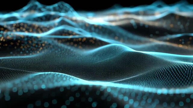 Abstract digital wave pattern with glowing blue particles on dark background.