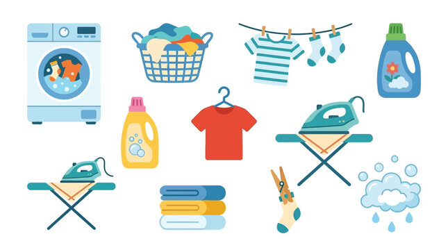 A collection of laundry-related items including a washing machine, clothes basket, iron, ironing board, detergent, and clothes hanging on a line.