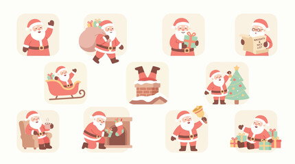 Fototapeta premium A charming collection of ten festive illustrations depicting Santa Claus engaged in various Christmas activities, perfect for holiday-themed designs.