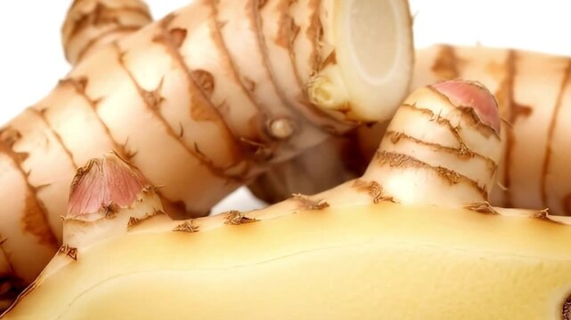 A visually appealing close-up studio shot showcases fresh rhizomes, presented both whole and neatly sliced to reveal their pristine pale yellow interior and delicate fibrous texture. The distinctive l