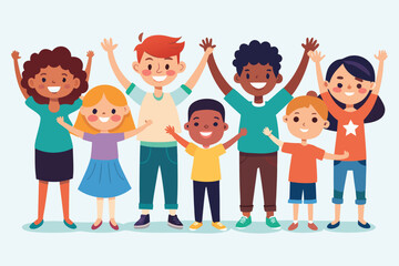 Fototapeta premium Diverse group of happy children and adults with arms raised in unity