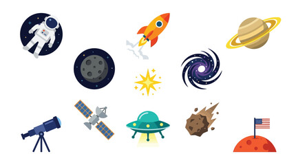 A vibrant collection of cartoon-style space-themed illustrations, featuring an astronaut, rocket, planets, a galaxy, a telescope, a satellite, a UFO, a comet, and a lunar landing. © tr