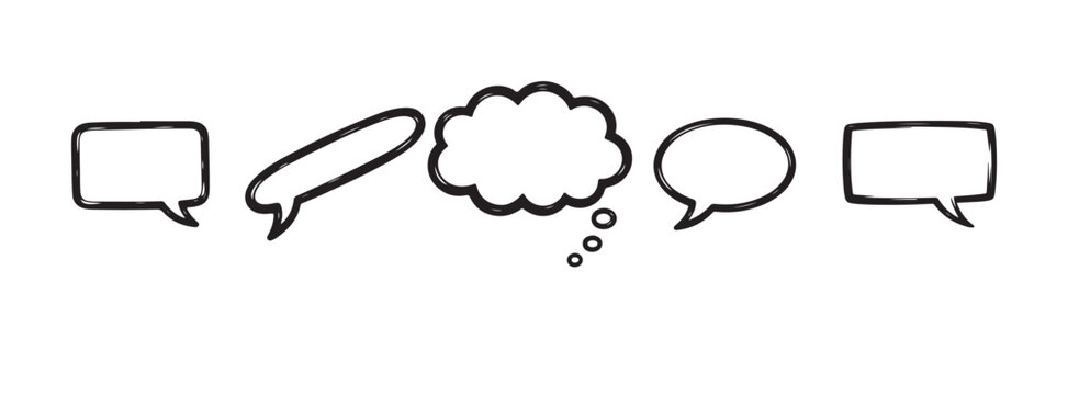 Set of five sketch speech bubbles in various geometric and organic shapes for talking
