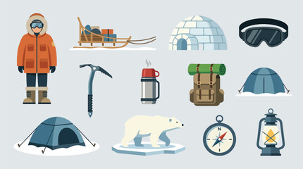Collection of Arctic exploration and survival equipment, including a person in winter gear, a sled, an igloo, and various tools for cold weather adventures. © tr