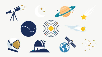 A collection of colorful flat icons representing various aspects of space exploration and astronomy, including telescopes, planets, and satellites. © tr