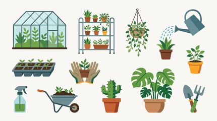 Fototapeta premium A vibrant collection of gardening illustrations, showcasing a greenhouse, plants, tools, and watering can, perfect for horticultural themes.