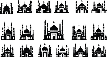 Obraz premium Islamic mosque silhouette collection, Ramadan Kareem architecture icons, Muslim masjid domes and minarets, Arabic religious buildings, traditional Islamic 