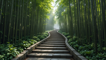 Fototapeta premium Bamboo forest path with stone steps in soft natural light Landscape Image