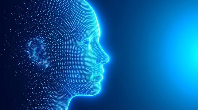 Digital human head profile view representing artificial intelligence and data technology.