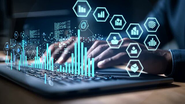 Person typing on laptop with digital graphs and icons overlay.