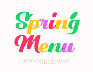 Obraz premium Vector Fresh template Spring Menu for Cafe and Restaurant. Stylish Calligraphic Font. Positive Colorful Alphabet Letters and Numbers.