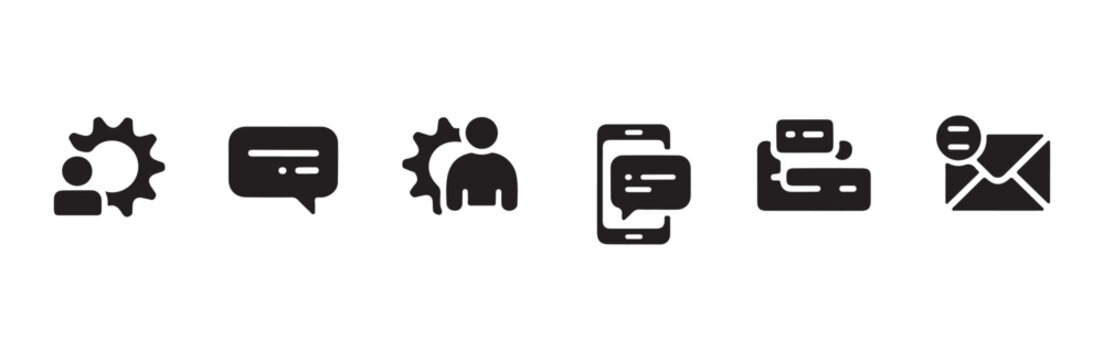 Customer service and communication icons featuring user gear smartphone and message symbols