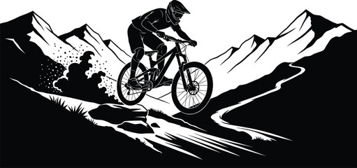 Mountain biking adventure, rugged trail, airborne cyclist, extreme sports, outdoor exploration, mountain peaks, speed motion, helmet safety, adrenaline rush, wilderness journey © Motahar