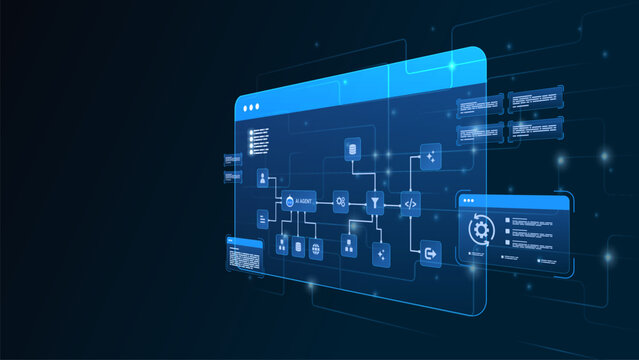 AI workflow automation artificial intelligence. ai agent network diagram machine learning node user, flow process, API integration and automation system.