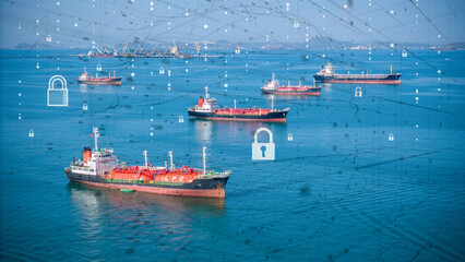 oil tanker ship LPG tanker with digital security lock network. Concept of global energy security,...