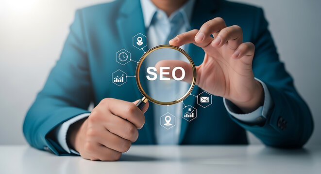 Magnifying glass focused on SEO symbol, representing search engine optimization and online marketing strategy