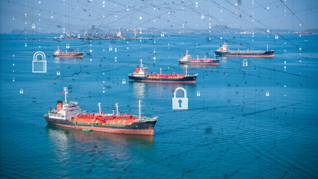 oil tanker ship LPG tanker with digital security lock network. Concept of global energy security, natural gas logistics protection, and maritime Blocking the Strait of Hormuz