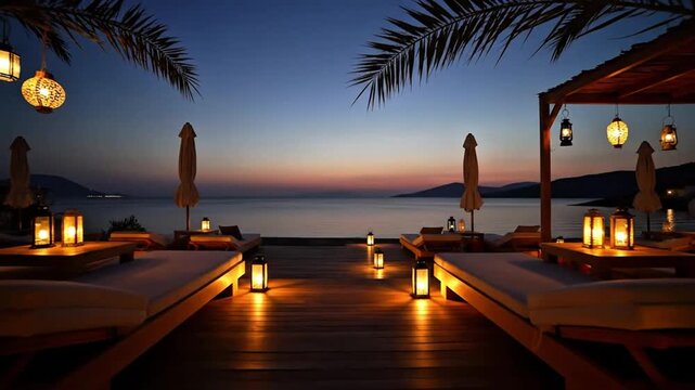 Luxury Beach Resort at Sunset with Lanterns and Palm Trees