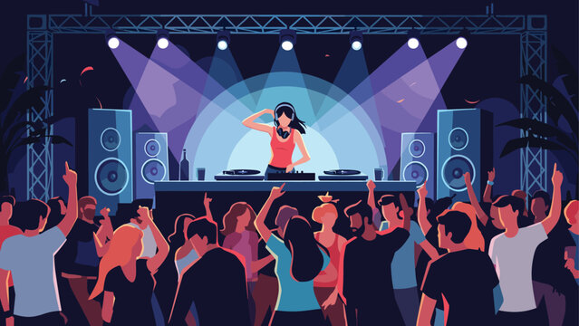 Energetic female DJ wearing headphones and performing a set for a large crowd of dancing people at a vibrant nightclub party with lights.