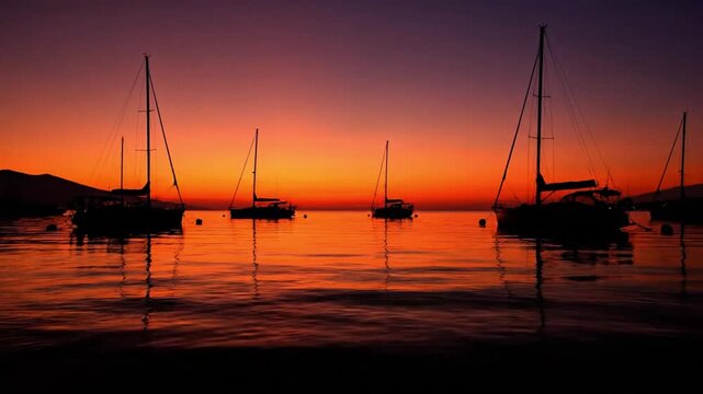 Silhouetted Sailboats in Ornos Bay at Vibrant Orange Sunset