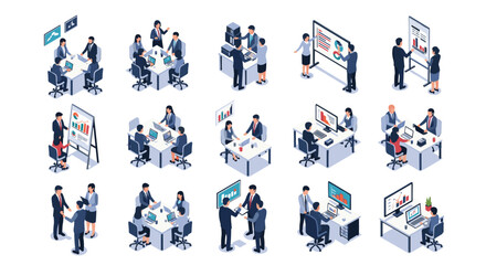 Fototapeta premium Comprehensive collection of isometric business icons depicting diverse professional activities like meetings and presentations.