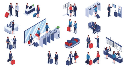 Fototapeta premium Comprehensive isometric collection of airport scenes and characters including passengers, security gates, and staff.
