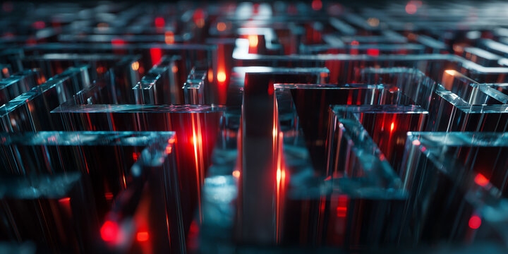 a dark blue glass maze with red lighting, a black background,