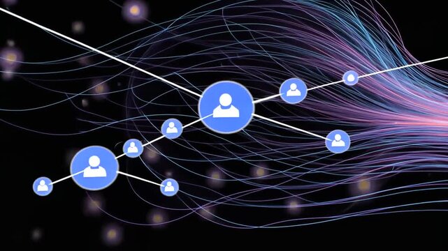 Network connection visualization with user icons and flowing lines.
