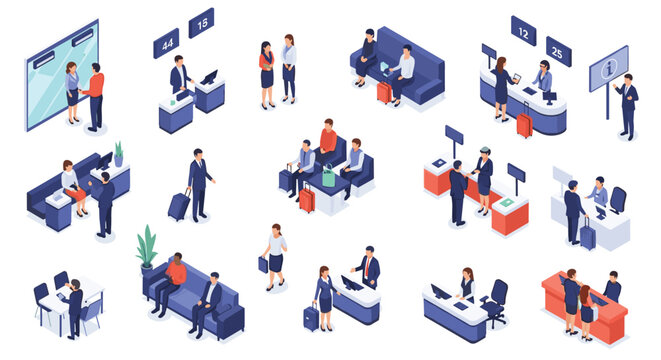 Detailed set of isometric airport terminal scenes showing check-in counters, information desks, and passenger security checks.