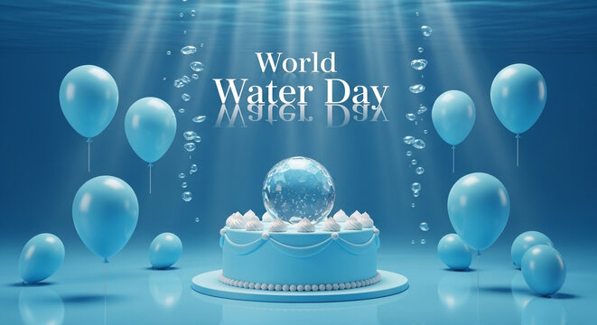 Celebrating World Water Day with blue balloons and cake underwater
