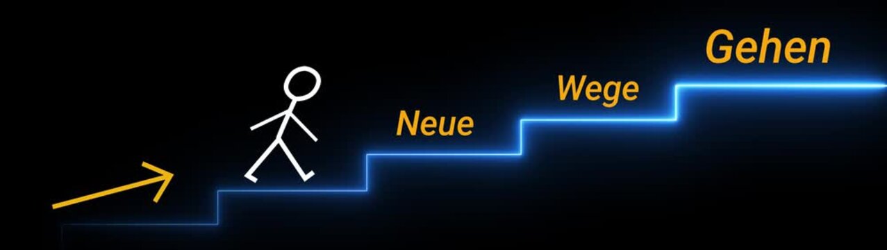 Neue Wege gehen - die Erfolgsleiter zum Ziel, Neuanfang und Neubeginn. Motion graphics of man level concept