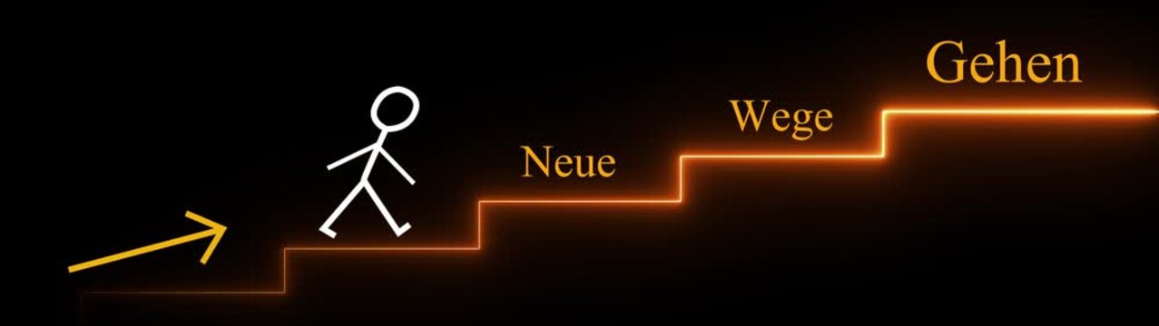 Neue Wege gehen - die Erfolgsleiter zum Ziel, Neuanfang und Neubeginn. Motion graphics of man level concept