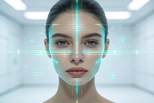Woman with digital face scanning grid