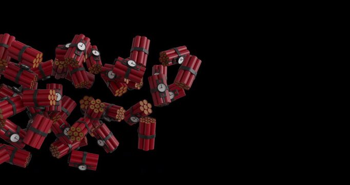 Dynamic 3D transition featuring stylized dynamite bundles moving from the left side of the screen to the right. Transparent background with alpha channel, ideal for action themed motion graphics.