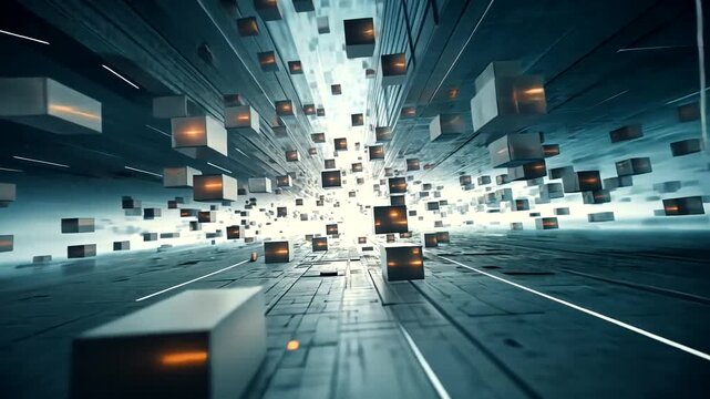 Futuristic digital landscape with floating cubes and abstract background.