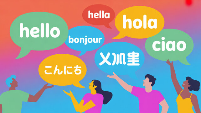 Diverse people greeting in multiple languages with colorful speech bubbles on vibrant background