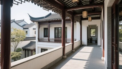 Fototapeta premium Traditional Chinese architectural corridor with tiled roof and wooden pillars overlooking courtyard buildings