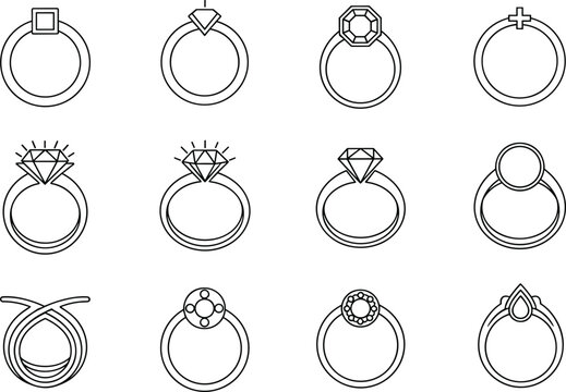 Set of minimalist diamond engagement ring line icons for wedding invitations jewelry store branding elegant bridal fashion vector illustrationsSet of minimalist diamond engagement ring line icons for 