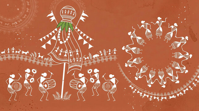 Traditional Gudi Padwa festival with Warli art folk figures
