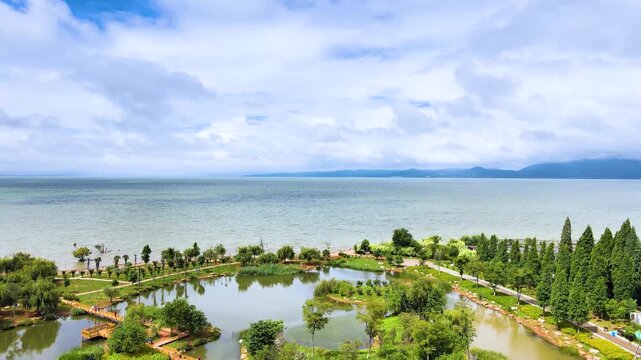 Dianchi Lake Wetland Park Aerial View with Pathways and Vegetation