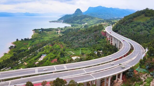 Dianchi Lake Highway Viaduct - Kunming Aerial Mountain Landscape
