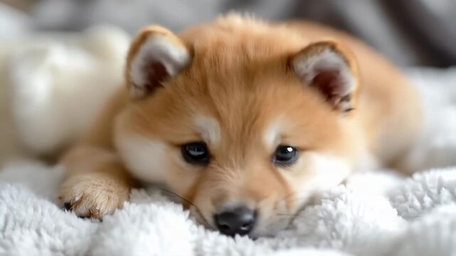 Shiba Inu puppy relaxing on soft blanket indoors  