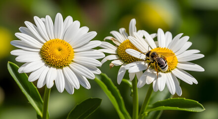 Fototapeta premium A bee collecting nectar from a white daisy flower in a natural outdoor setting on transparent background