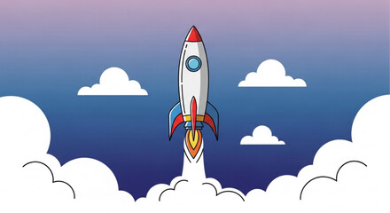Vibrant cartoon rocket launching into sky with clouds © Hamna