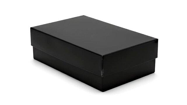 This sleek, minimalist black rectangular box is elegantly showcased against a pristine white background, highlighting its glossy finish and clean lines. The object's reflective surface adds a touch of