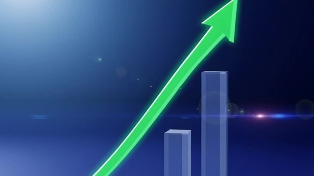 A green arrow ascends sharply upward on a blue graph with rising bars.