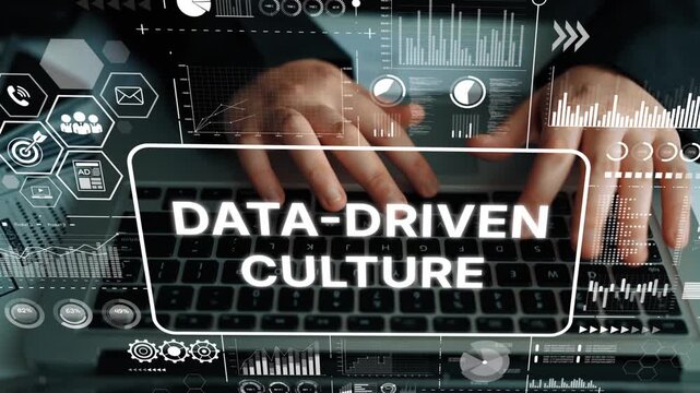 Hands Typing on Laptop Surrounded by Digital Elements Representing Data-Driven Culture and Technology Integration. Asymptotic smart data analytic.