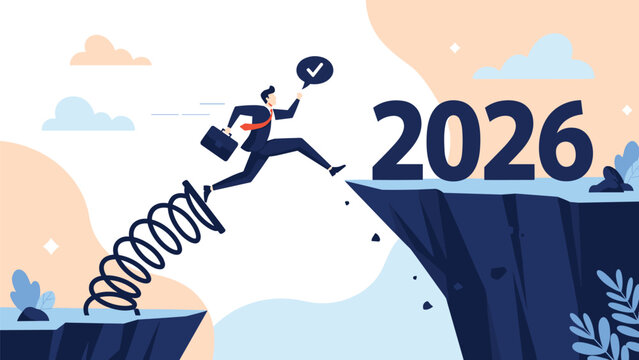 Ambitious businessman using a spring to jump over a cliff gap toward the year 2026 representing future goals and business planning for the year.