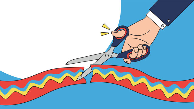 Hand of a businessman using large scissors to cut a red ribbon during an opening ceremony to celebrate a new beginning or project launch.